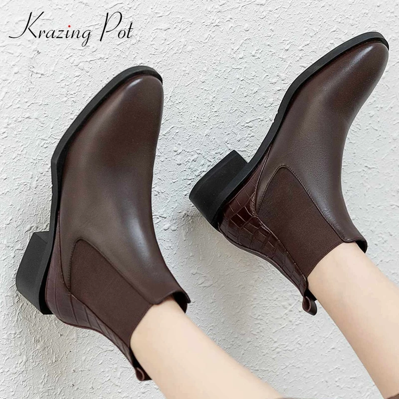 

Krazing Pot Chelsea boots natural leather winter basic stone pattern thick med heel square toe slip on gorgeous ankle boots L33