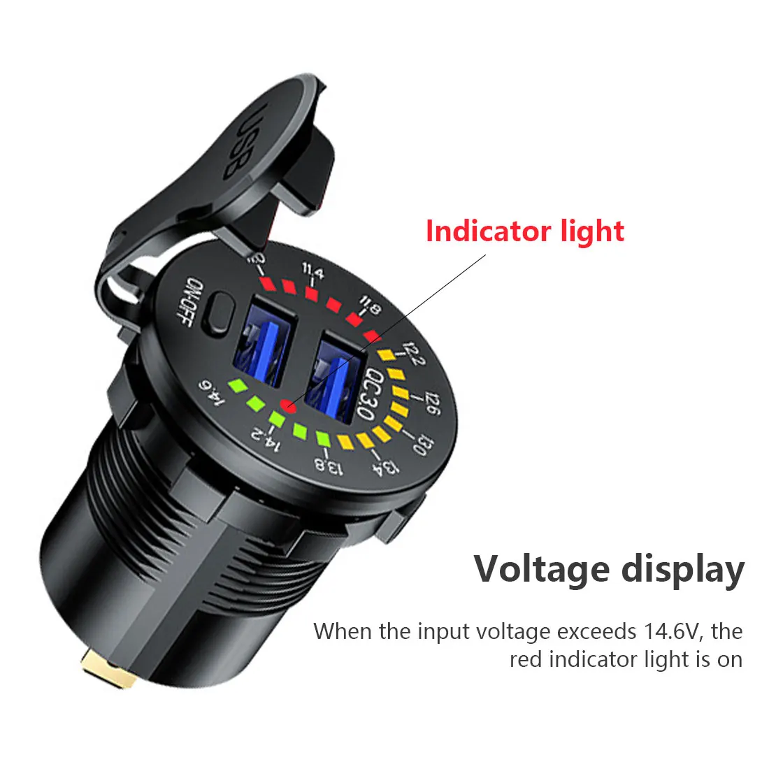 

12V-24V ON OFF Switch USB Car Charger QC 3.0 dual Waterproof 18W USB Socket For Fast Charging, With LED Voltmeter Power Cord