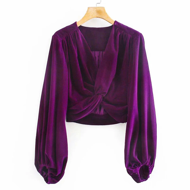 

Za 202 Spring Women's Blouse Fashion Undefined Deep V-Neck Velvet Sexy Blouse Elegant Long Puff Sleeve Short Blusas Tops