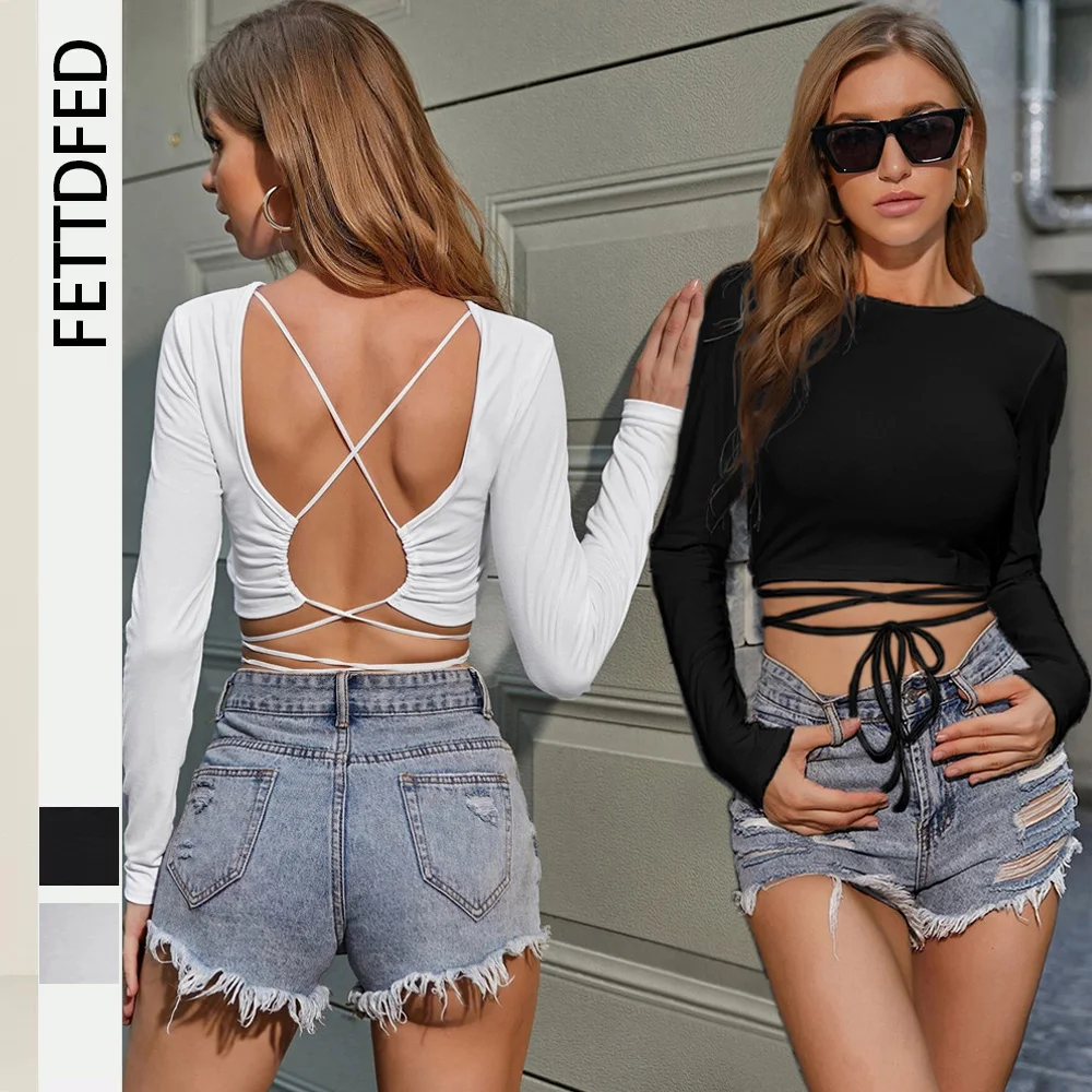 

Women Halter Top with Straps Sports and Leisure Shirt Slim Fit Short Long-sleeved T-shirt Solid Color
