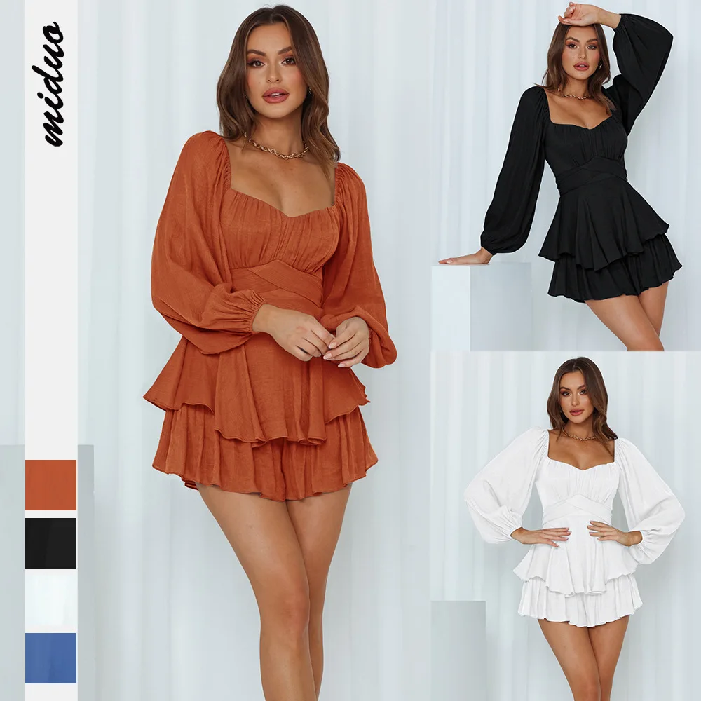 

Donsignet Solid Fashion Square Collar Long Sleeve Bandage Jumpsuits for Women Lantern Sleeves Rompers Womens Jumpsuit Shorts