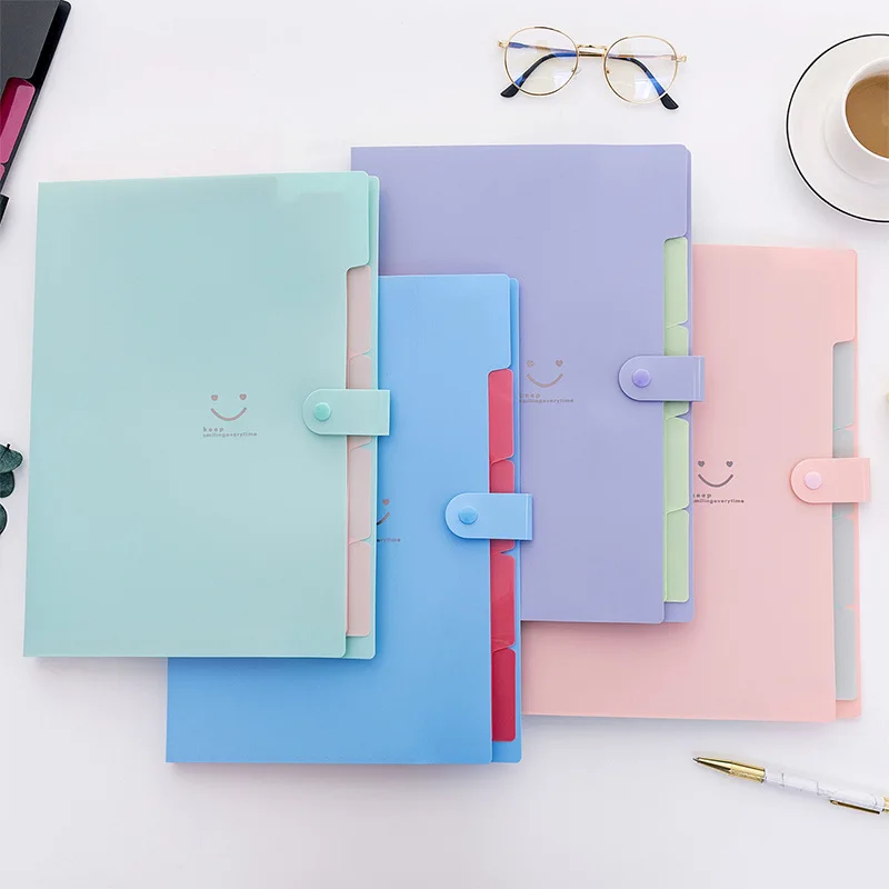 

Student Multi-Layer Folder Korean Smiley A4 File Holder File Bag Insert Info Booklet Test Paper Clip 5 Grid