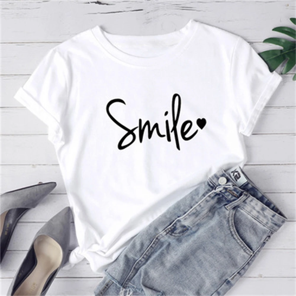 

Simple Style Smile Letter Print T Shirt Women Short Sleeve O Neck Tshirt Ladies Tee Shirt Tops Clothes Camisetas Mujer 9DN7