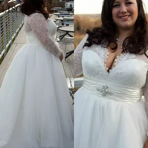 Vestido Bridal Gown Beach Boho Tulle Beaded Sash Crystal White Ivory V-neck Sexy Plus Size Long Sleeve Lace A-line Wedding Dress