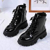 round toe med heel boots women shoes autumn boots women booties ladies lace up luxury designer lolita black 2020 rubber flat