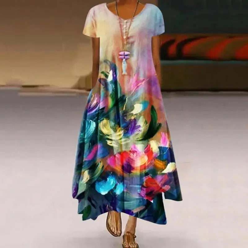 

2021 New Plus Size Women Long Dress Elegant 3D Butterfly Flowers Printed Loose Dresses Women Casual O-neck One-piece Dress #N