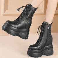 chunky platform pumps women lace up genuine leather high heel ankle boots female high top summer fashion sneakers casual shoes