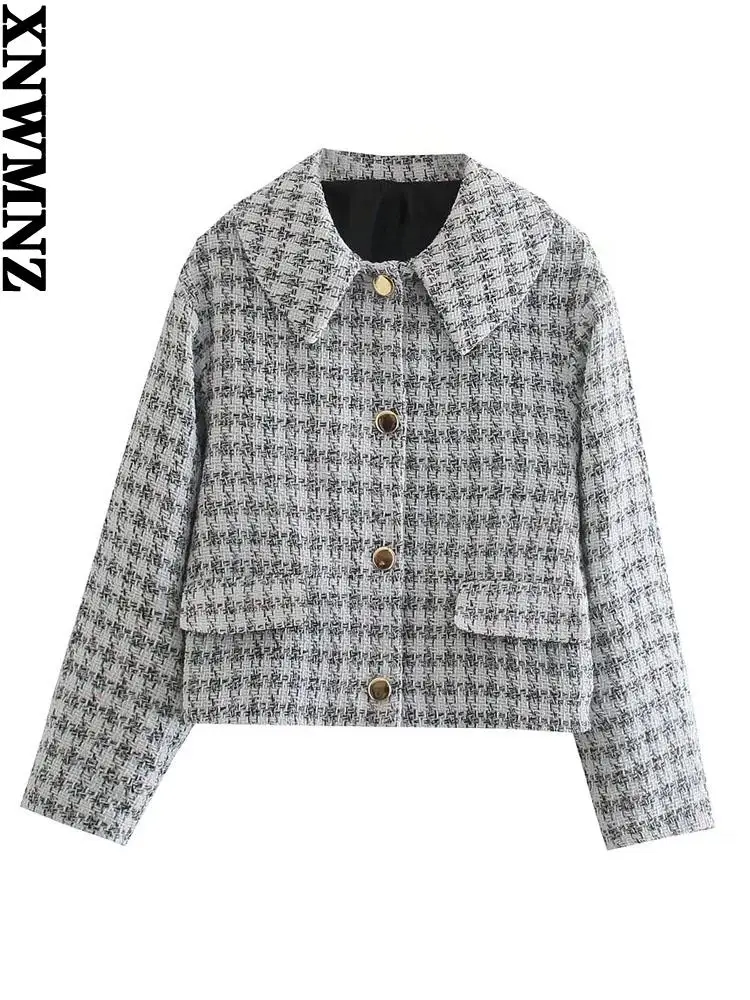 

XNWMNZ зимняя одежда для женщин 2021 za модная твидовая куртка с карманами пальто Винтажная с длинным рукавом на пуговицах Женская шикарная верхн...