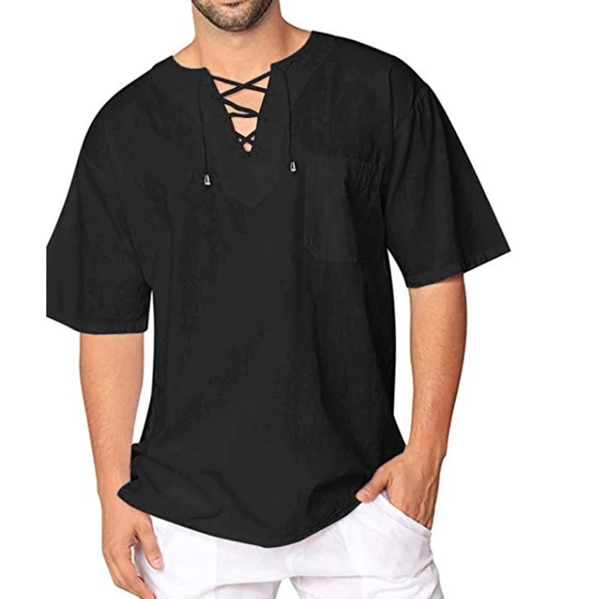 

Рубашка мужская короткая свободного покроя, повседневная Стильная сорочка с завязками, однотонная Дизайнерская одежда, лето