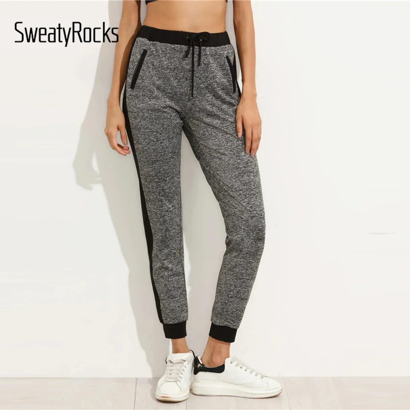 SweatyRocks серый накладной карман талия шов шнурок трикотажные штаны активная одежда Sweatpant Осень Женские повседневные штаны для активного отдыха