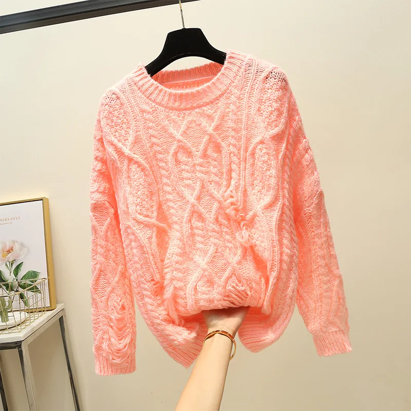 

2020 fashion loose three-dimensional knitted sweater sleeve autumn spring round collar thick line women's sweater Spring sweater