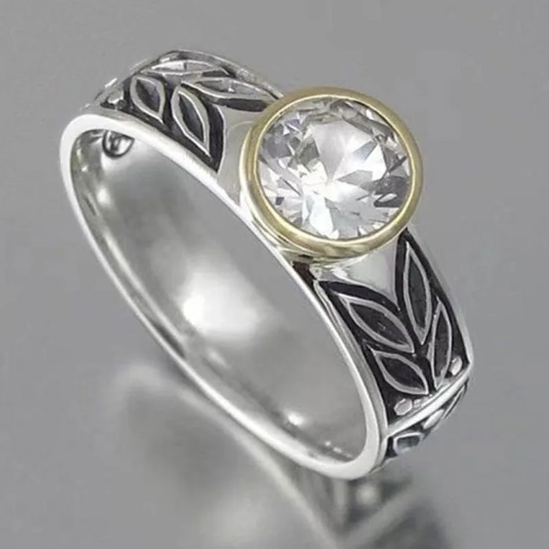 

Gu Li Simple Retro Anniversary Ring Women Vintage Leaves Pattern Engraved Dazzling White Zircon Rhinestone Finger Rings Jewelry