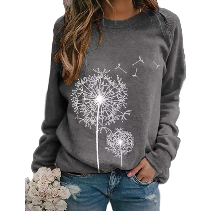 Dandelion Print Women Sweetshirts Long Sleeve T Shirts Top Spring O-neck Casual Female Loose Hoodies Pullover Vintage Streetwear