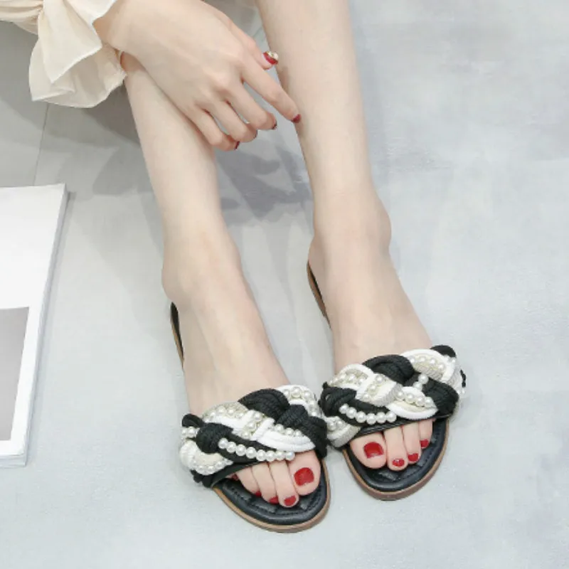 2020 Summer New Women's Sandals Linen Flower Color Woven Pearl Beach Shoes Fashion Slippers Low Heel Shoes Holiday Shoes Women