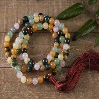 8mm indian agate gemstone 108 beads mala necklace band tassel reiki fancy wristband lucky healing spirituality meditation