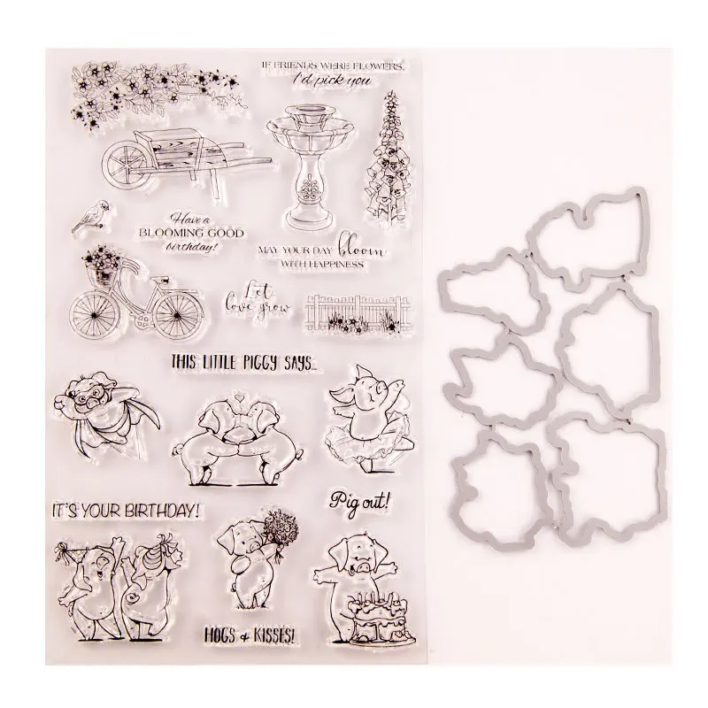 

DIY Pig Bike Cutting Die Clear Stamp for Scrapbooking Transparent Stamps Silicone Rubber DIY Photo Album Decor Arts Crafts