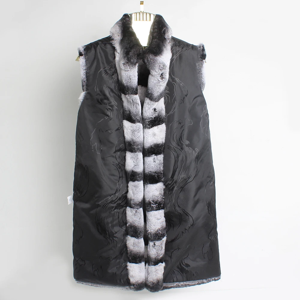 Женский Длинный жилет из натурального меха Шиншилла зимний теплый 100% кролика