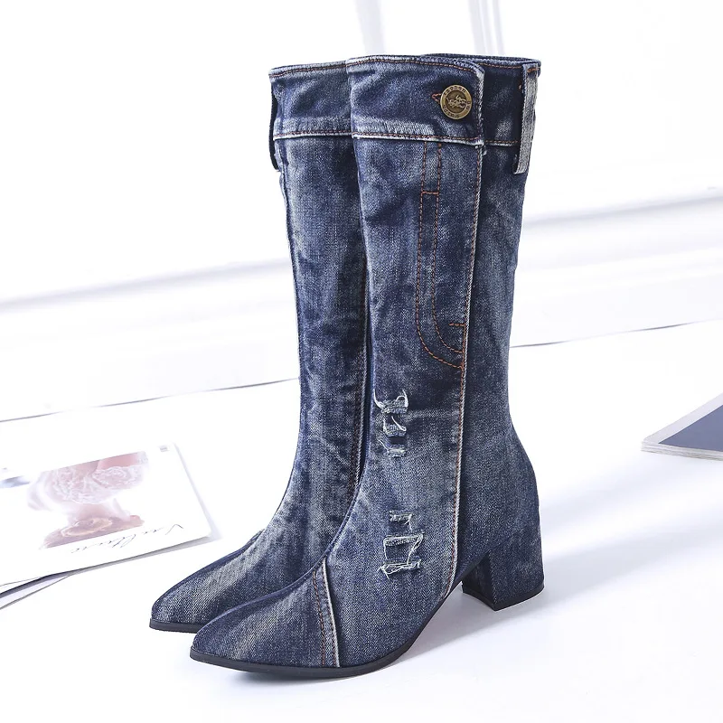 Для женщин длинные зимние ботинки на высоком каблуке джинсовые Женские стильные