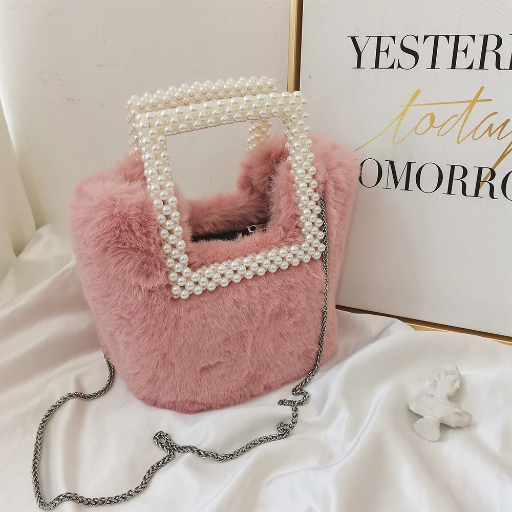 

Small Plush Bucket Handbags Female Winter Designer Wool Crossbody Shoulder Bags Square Pearl Hand Purse Wedding Party Bag Daily