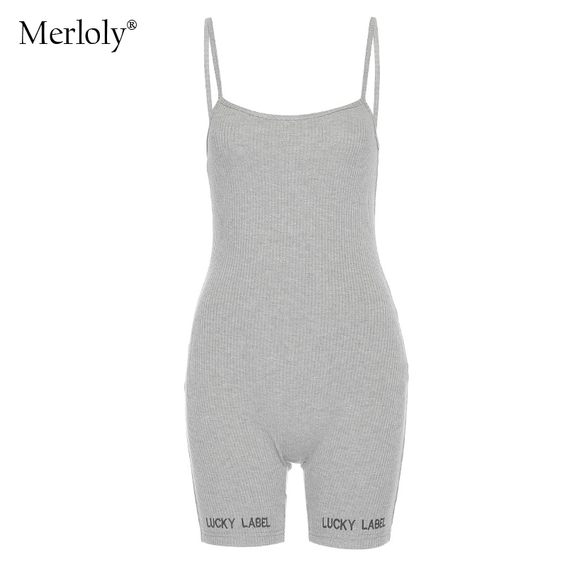 

Sleeveless Sling Ribbed Short Bodysuit Women Spring Summer Play suit Slash Neck Letters Embroidery Elastic Street wear