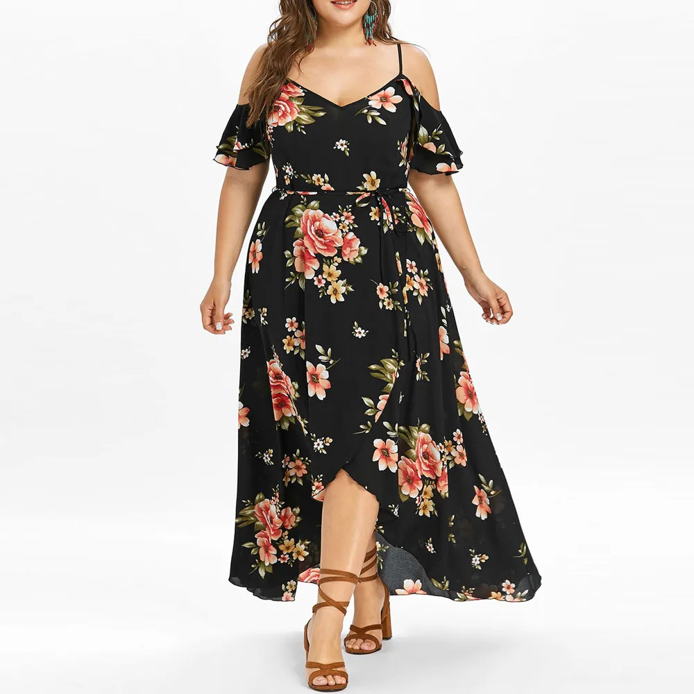 

New Plus Size Casual Floral Print Long Dress Women Elegant Off the Shoulder Ruffle Tunic Maxi Dress Loose Holiday Beach Dresses