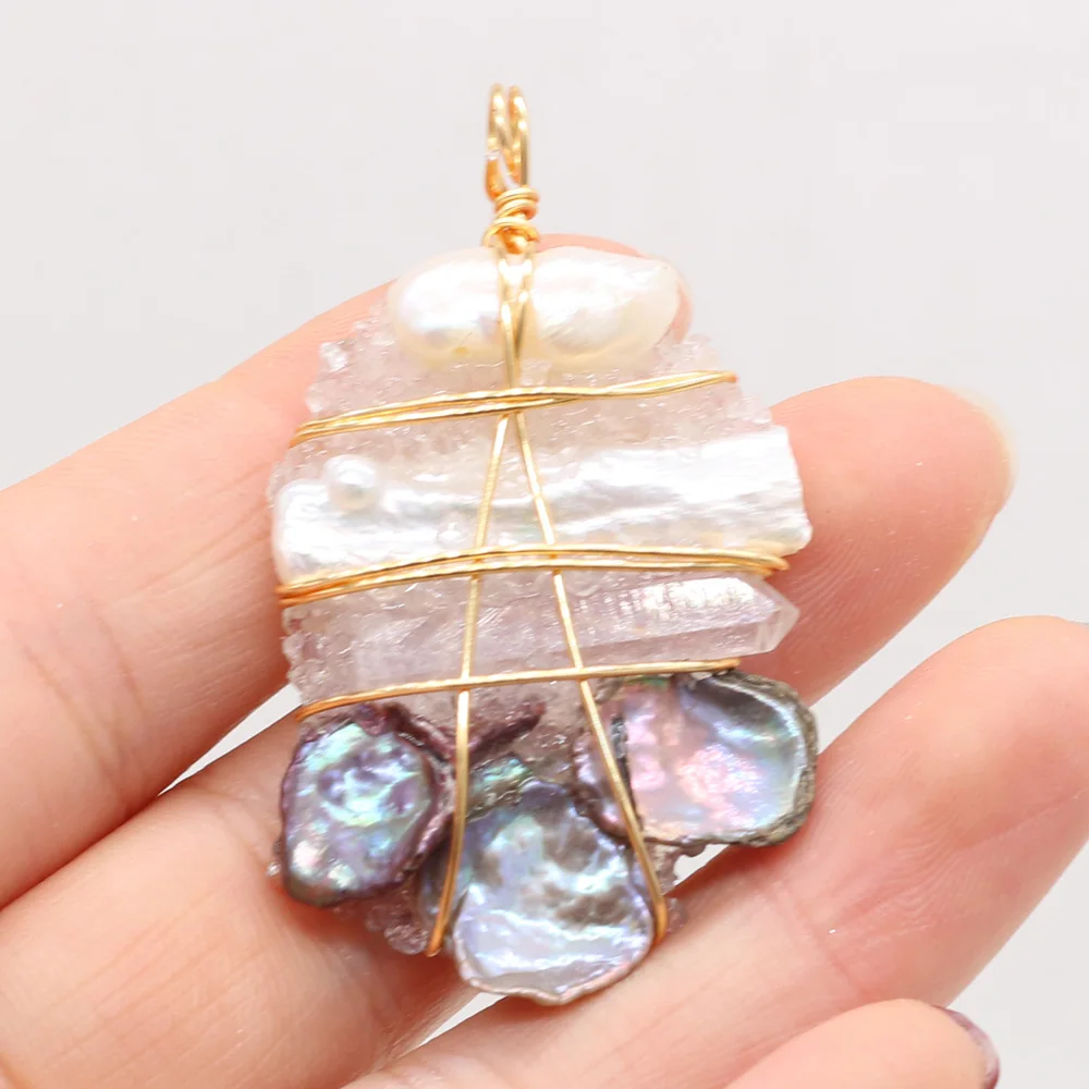 

Freshwater Pearl Pendant Copper Wire Winding Pearl Charms for DIY Jewelry Making Earrings Necklace Bracelet 35x60mm