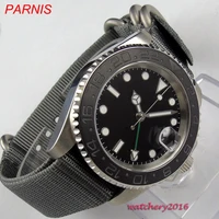 2019 newest 40mm parnis black sterile dial nylon strap date sapphire glass luminous marks gmt automatic mechanical mens watches