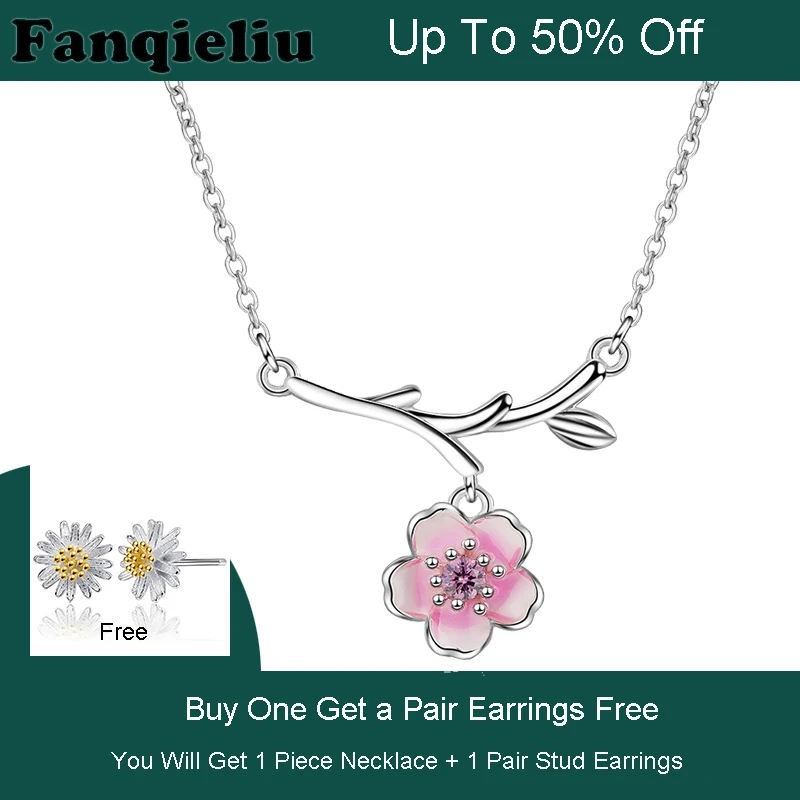 

Fanqieliu Cherry Flower 925 Sterling Silver Necklace For Wmen Buy One Get One Free Rhinestone Pendant Necklace Female FQL20099
