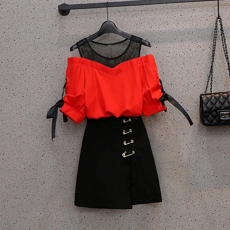 

New Summer Skirt 2 Pieces Set Sweet Korean Off Shoulder Bow Short Sleeve Top+A-line Short Skirt Women Clothing Outfits