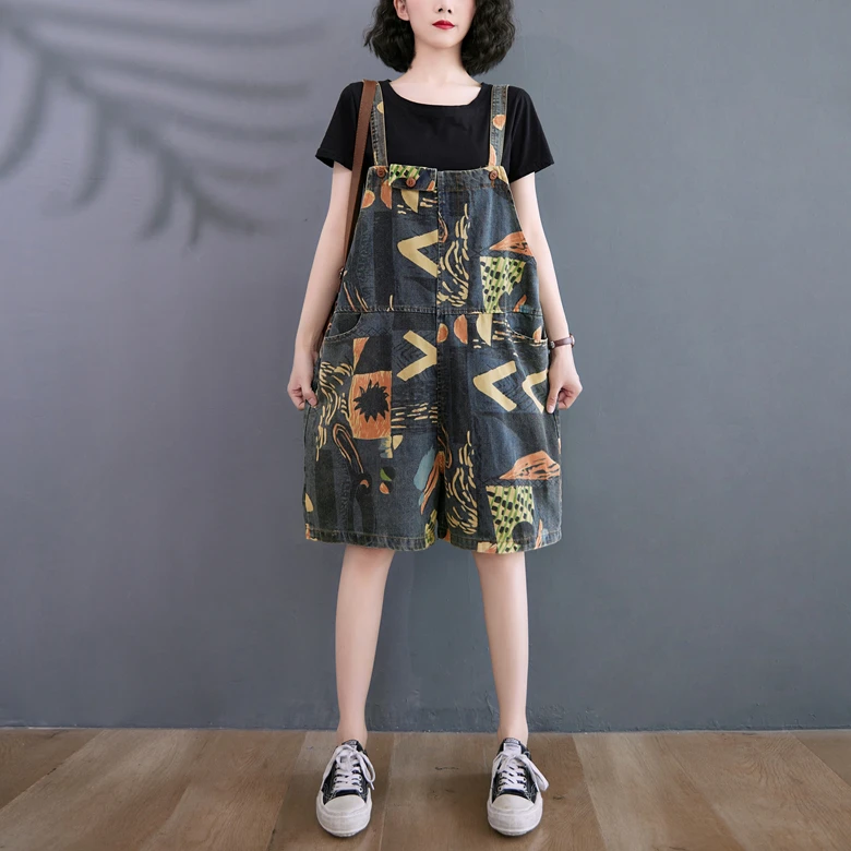 

#1456 Printed Denim Jumpsuits For Women Summer 2021 Vintage Rompers Womens Sleeveless Spaghetti Strap Jumpsuit Loose Pockets