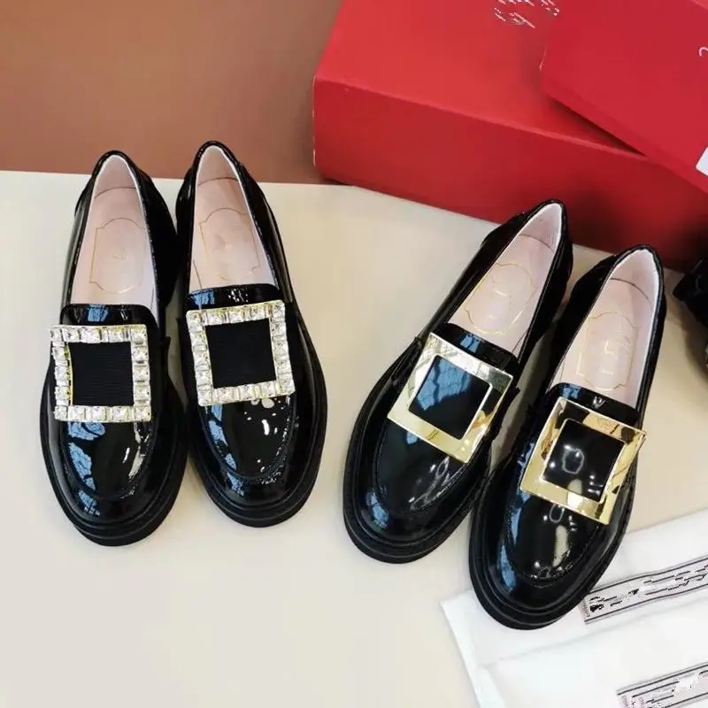 

Rhinestone square buckle loafers women's platform one-step single shoes women 2020 British style black small leather shoes women
