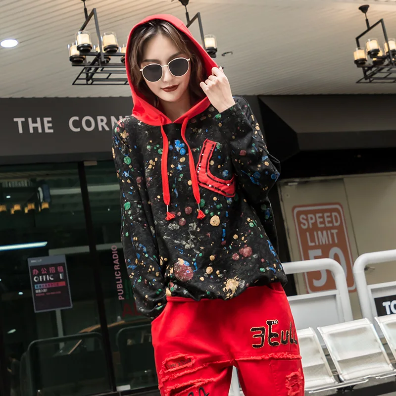 Max LuLu/Новинка года; корейский стиль; модная женская осенняя одежда в стиле панк; женские толстовки с капюшоном; повседневные женские толстовки с цветочным принтом