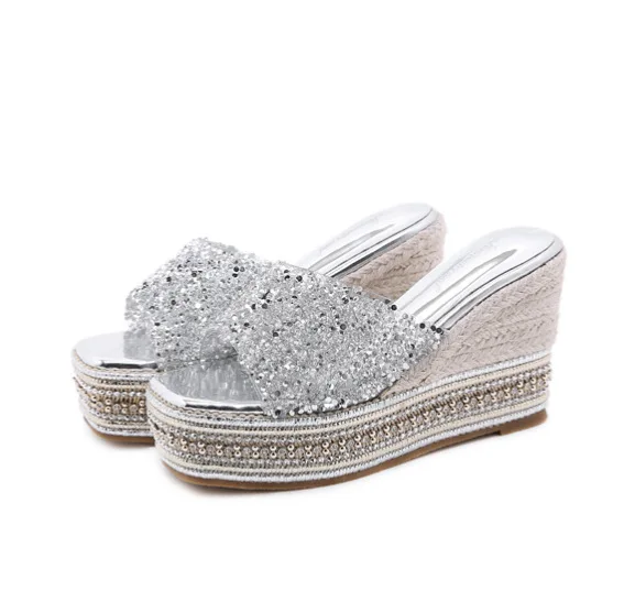 

High-Heeled Shoes Lady Slippers Women Summer Slides Low Pantofle On A Wedge Fashion Platform 2021 Soft Luxury Fabric Rome Basic
