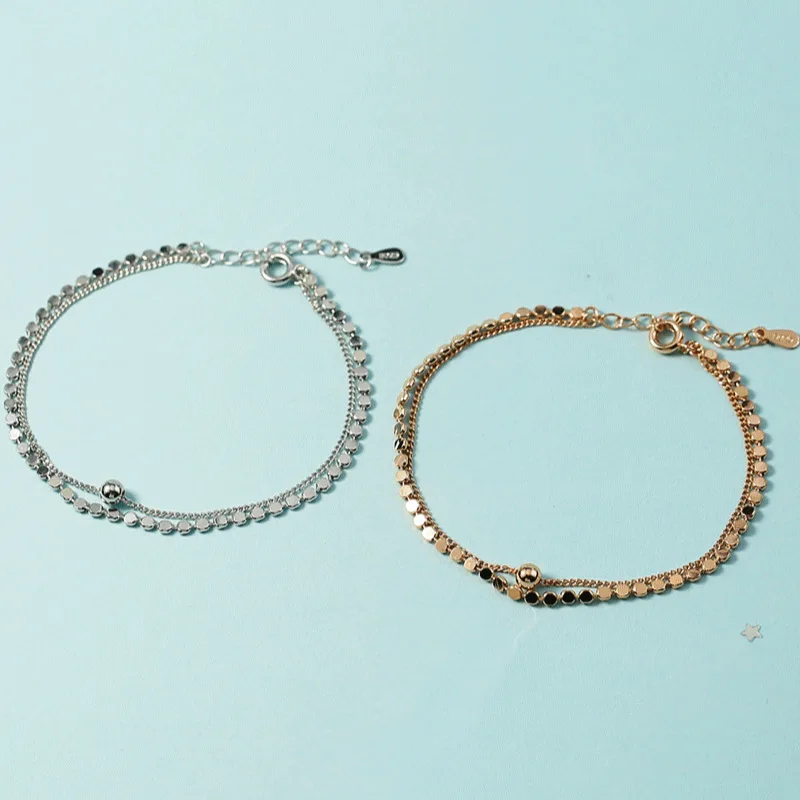 

925 Sterling Silver Fashion Jewelry Double-Deck Wafer Women's Chain Bracelet