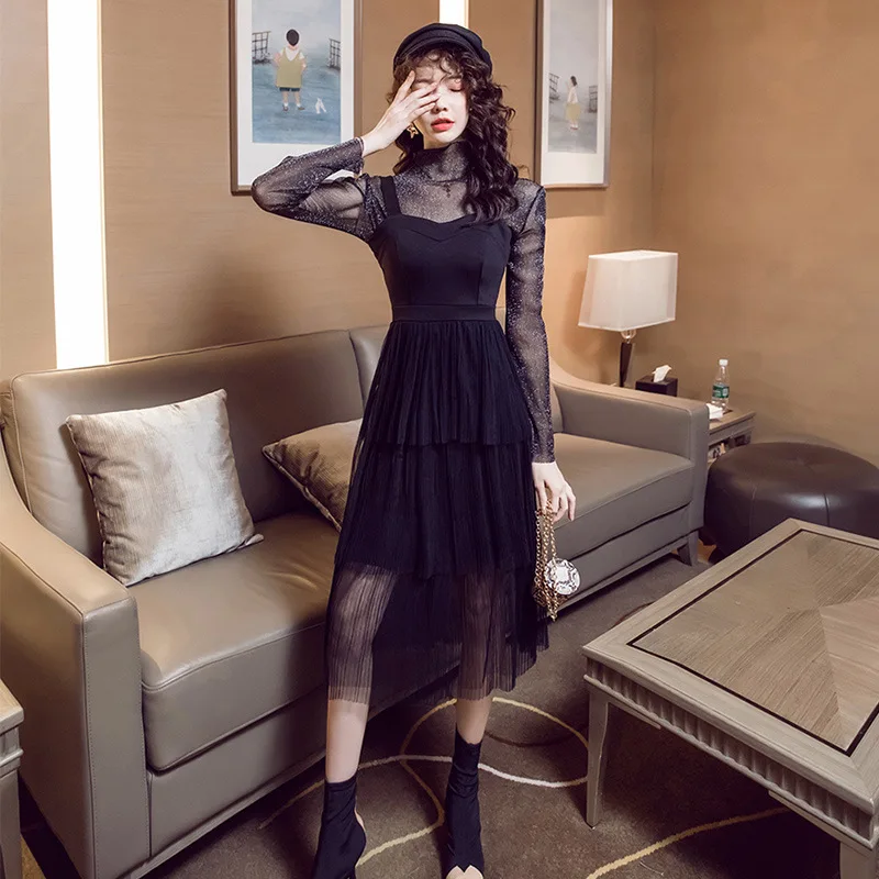 2019 Новое поступление модная блузка и ремень спагетти черное миди платье Женский