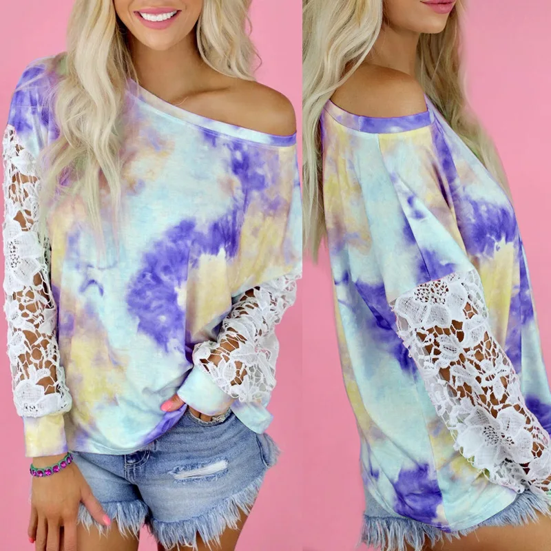 

Loose Gradient Tie-Dye Printing Oblique Shoulder Long-Sleeve Women Shirt Lace Stitching Tops Autumn Street Hipster S-3XL Clothes