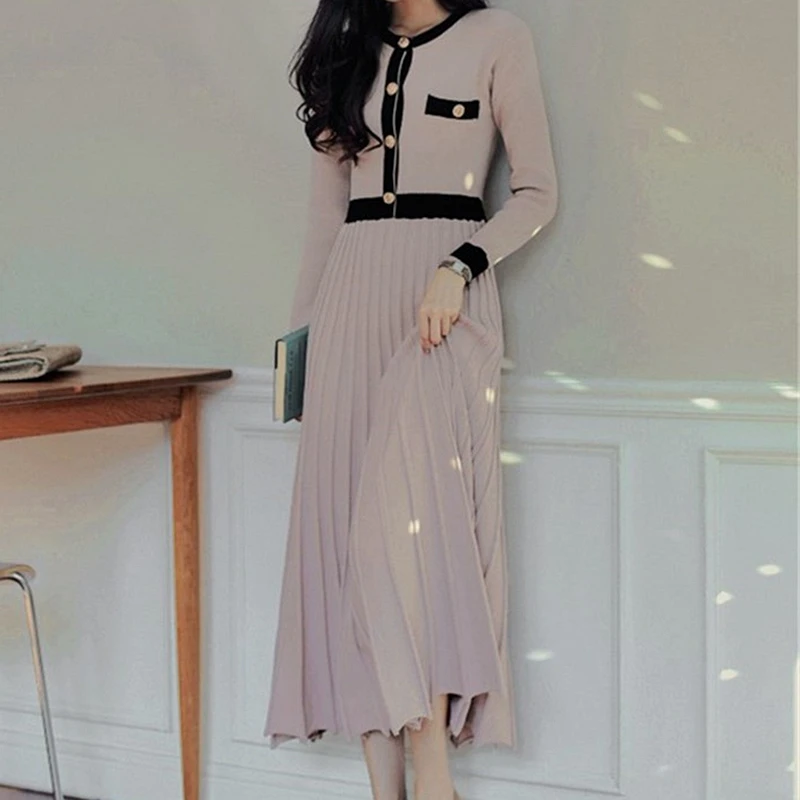 

Женское трикотажное платье-трапеция, Элегантное Длинное Плиссированное однобортное платье с длинным рукавом, осень 2022