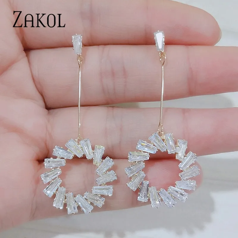 Gold Color ZAKOL New Arrival Fashion Baguette CZ Zircon Round Circle Dangle Earrings for Women Bridal Wedding Jewelry Accessories AAEP042 - Окраска металла: Gold Color