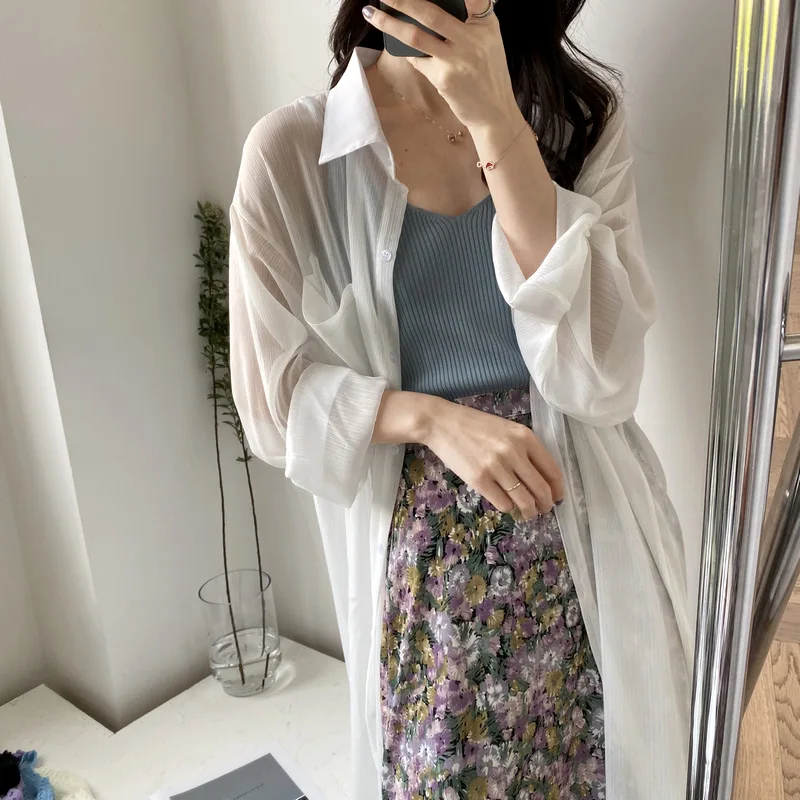 

Summer 2020 New BF Style Loose Simple Pocket Design Long Shirt Sun Proof Women Blouses Korean Fashion Clothing