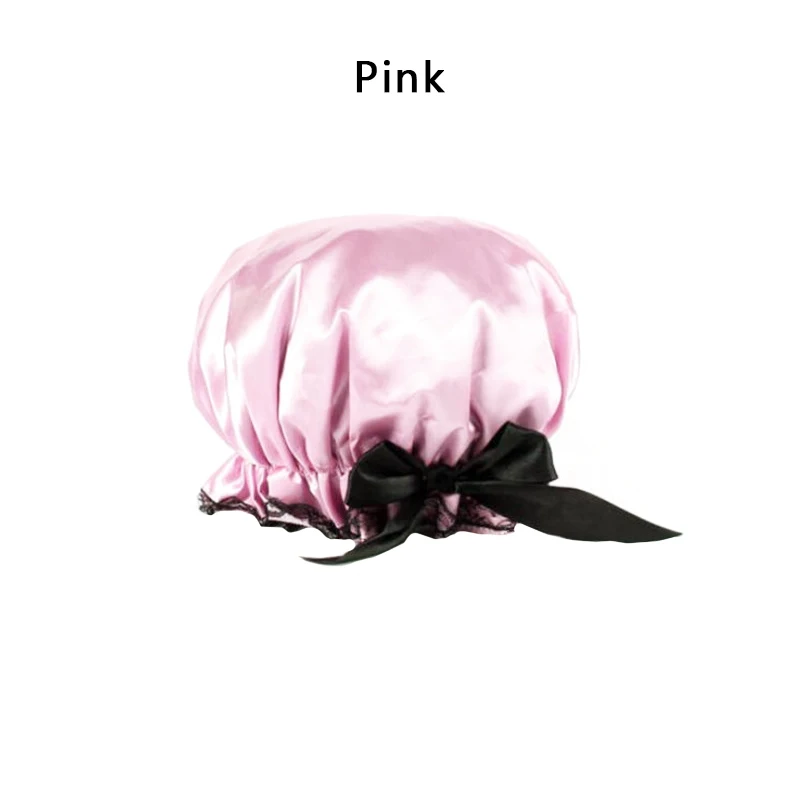 Pink Красивая роскошная кружевная шапочка для душа с бантиком для женщин, эластичная водонепроницаемая шапочка для ухода за волосами, для ванной, для девушек, милая густая шапочка для купания - Цвет: Pink