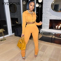 zipper two piece set women solid hooded crop top and high waist stacked pants bodycon tracksuit suits casual sporty outfits 2021