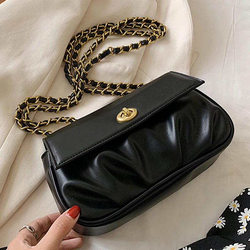 

Folds Design PU Leather Crossbody Bags For Women 2021 Elegant Solid Color Shoulder Handbags Female Travel Chains Cross Body Bag