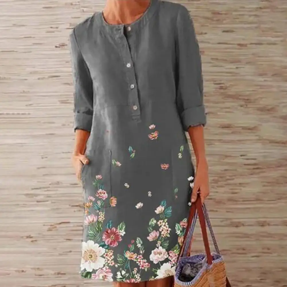 

Chic Midi Dress Skin-friendly Party Dress Knee-Length Long Sleeve Buttons Sweet Short Dress