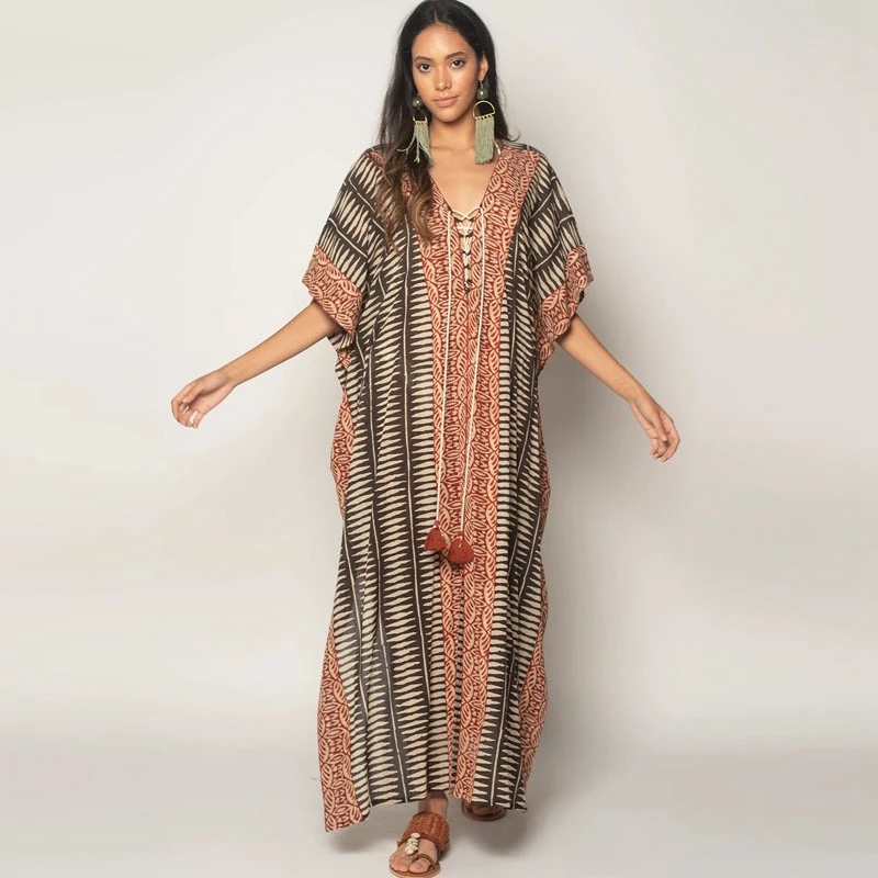 India Kaftan Dress V-Neck Lace Up Ethnic Traditional Patter Print Maxi Caftan Batwing Short Sleeve Beach Cover Morocco Tunics | Женская
