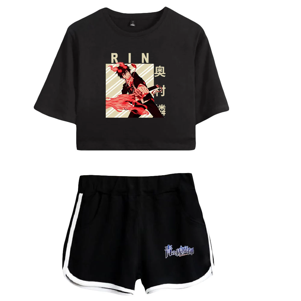 

Тренировочный костюм с 3D принтом аниме синий экзорцист Женский комплект из двух предметов летний короткий топ с коротким рукавом + шорты Мо...