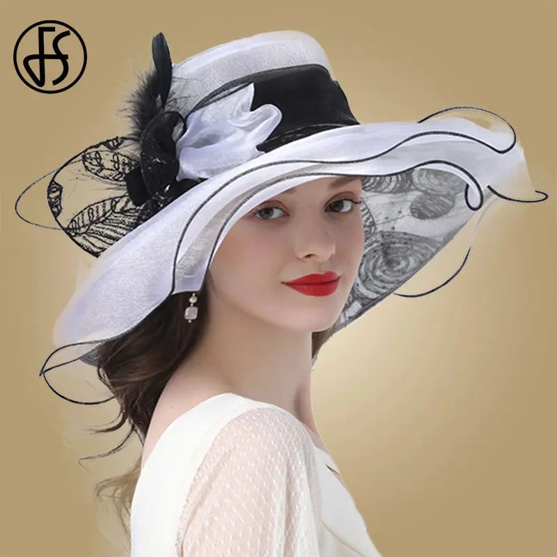 Женская шляпка из органзы FS с широкими полями и декоративными цветами летняя 2019 |