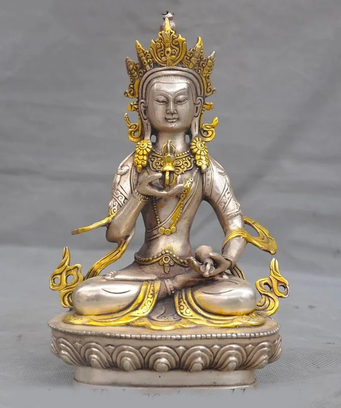 

christmas 8"Old Tibet Buddhism Silver Gilt Vajrasattva Vajra Goddess Guanyin Buddha Statue New Year