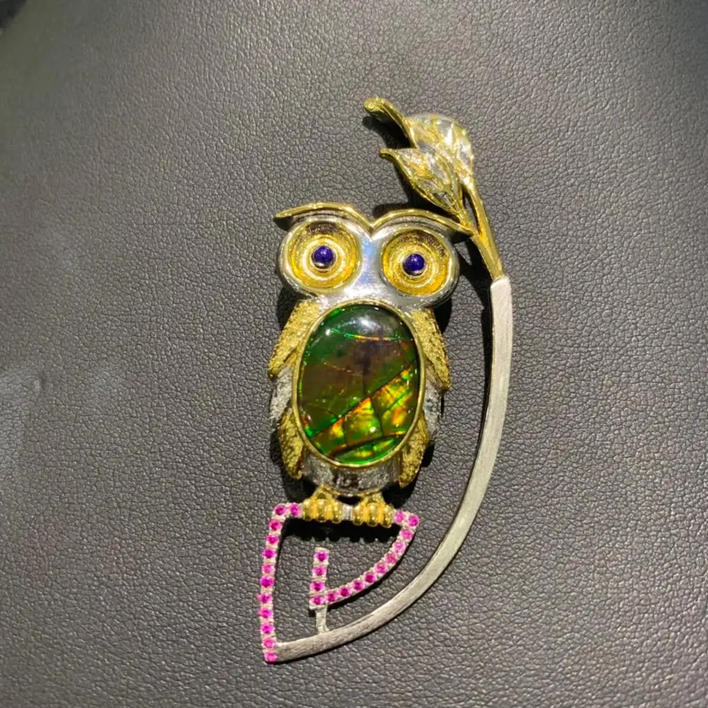Брошь и кулон в виде аммолита совы из натурального камня унисекс ювелирное