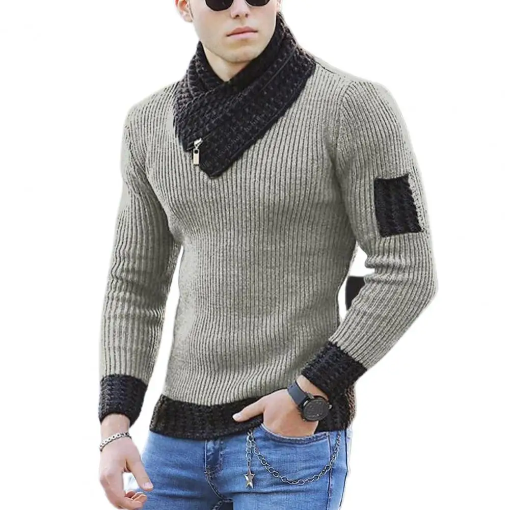 

Autumn Men Long Sleeve Pullovers Scarf Collar Sweater Color Block Slims Fit Casual Plus Size Sweater Streetwear