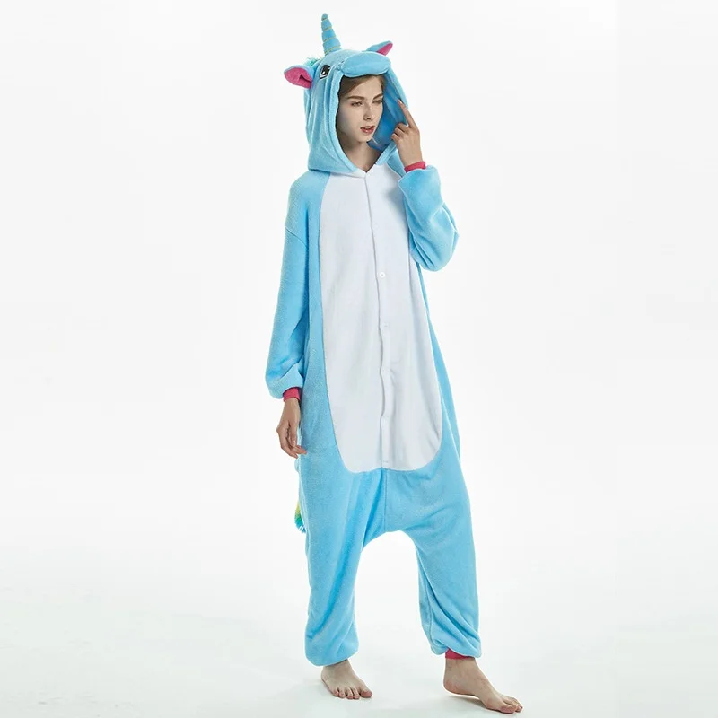 Blue Pegasus Women Pajama Suit Kigurumis Animal Unicorn Onesie Homewear Colorful Tail Sleepwear Flannel Adult Pijamas Party
